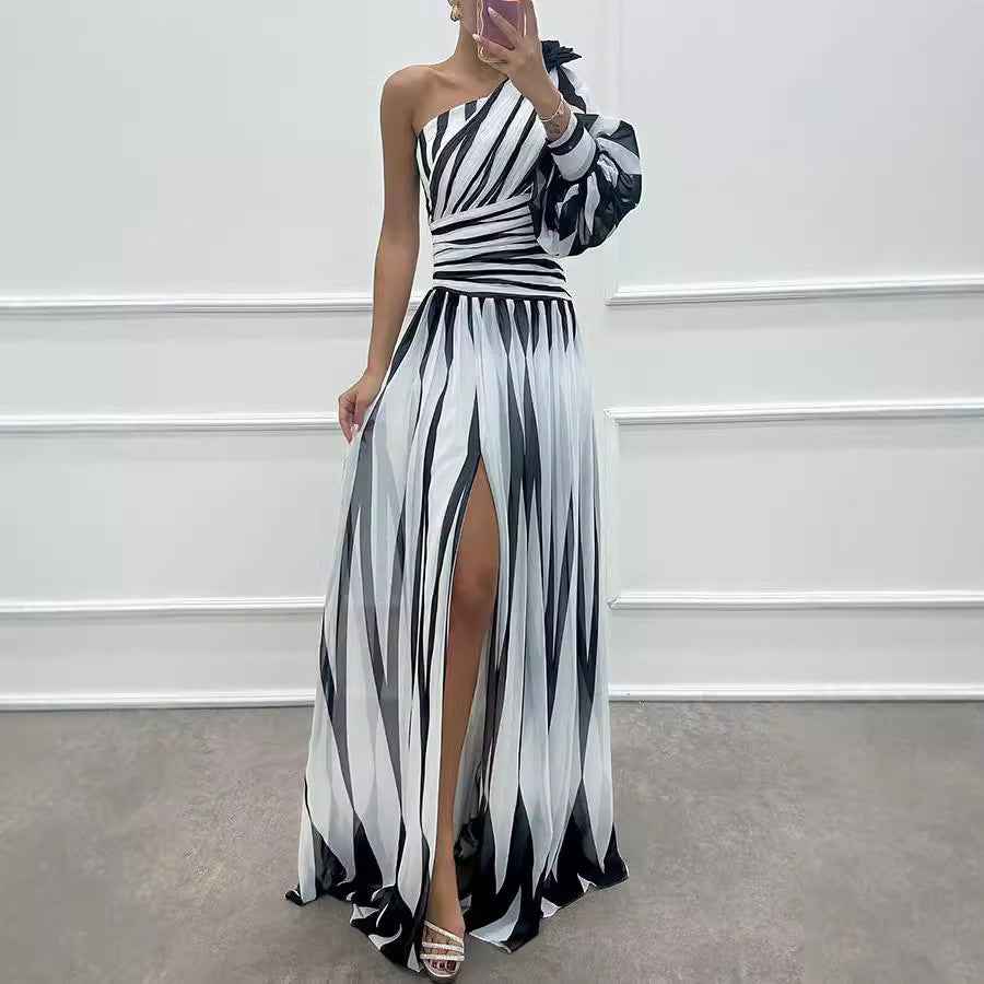 Spring Autumn Printed Diagonal Shoulder Split Dress Casual Loose Party Dress Dress by Ragazza