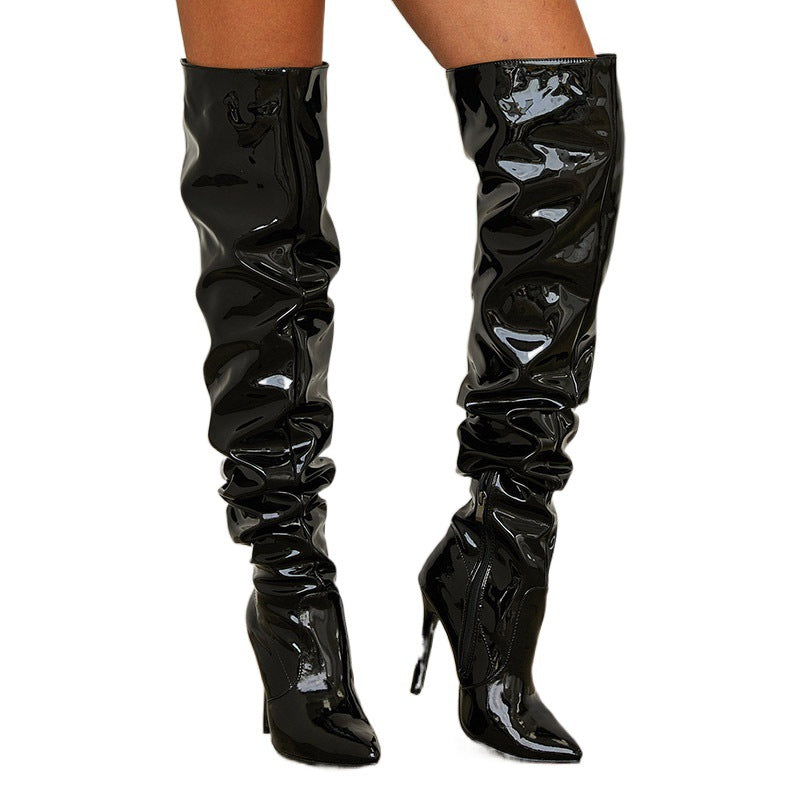 Spring Summer Catwalk Show Patent Leather Slimming Pointed Stiletto Heel Women High Heel Boots by Ragazza