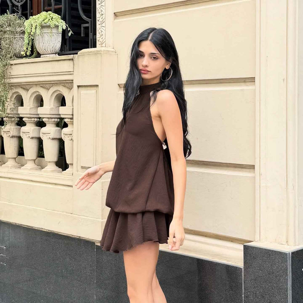 Retro Solid Color Elegant Stitching Pleated Backless Lace up Sexy Halter Dress by Ragazza