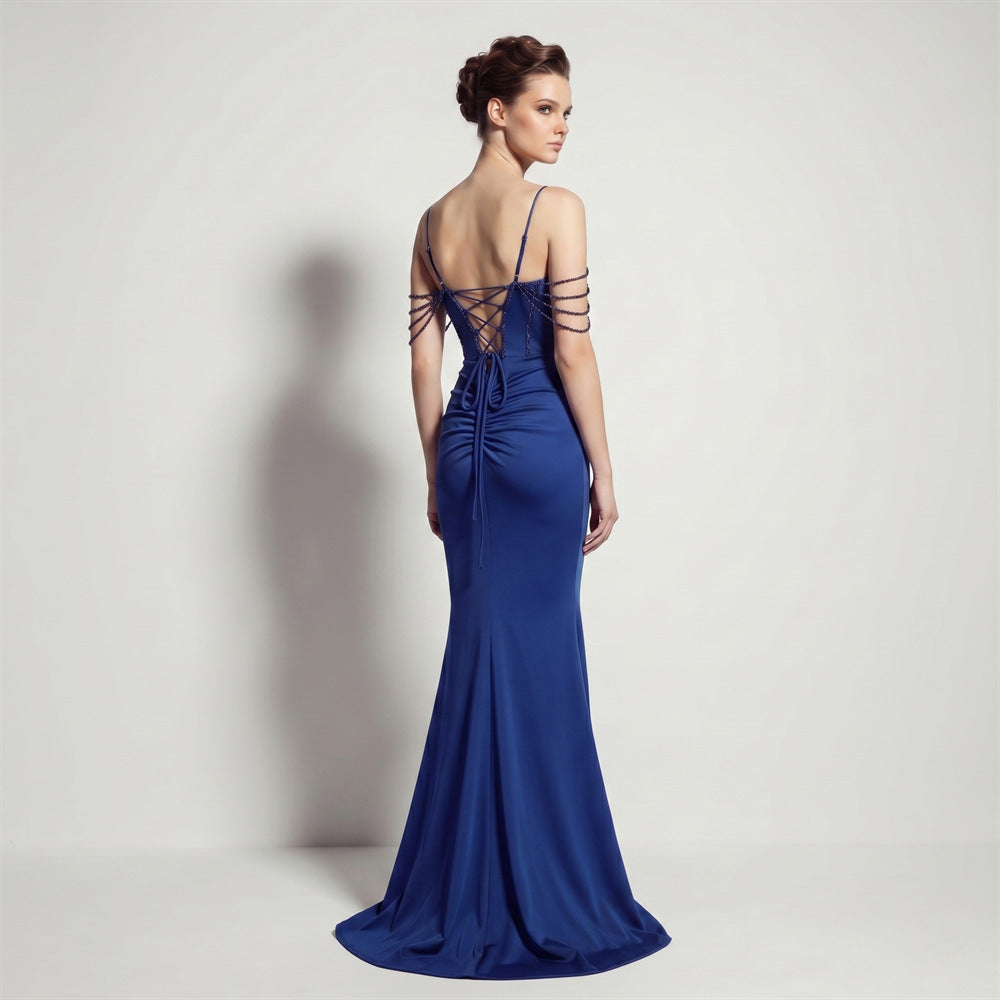 Sexy Satin High Slit Slim Fit Lace up Fishtail Long Annual Party Party Evening Dress by Ragazza