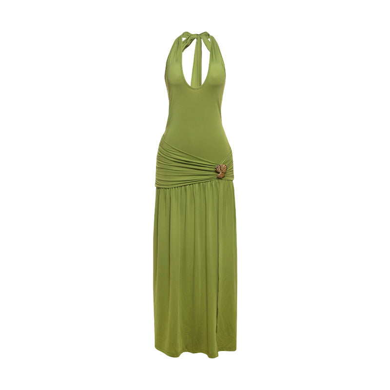 Women Clothing Summer Sexy Halter Strap Backless Slim Fit Fold Split Dress by Ragazza
