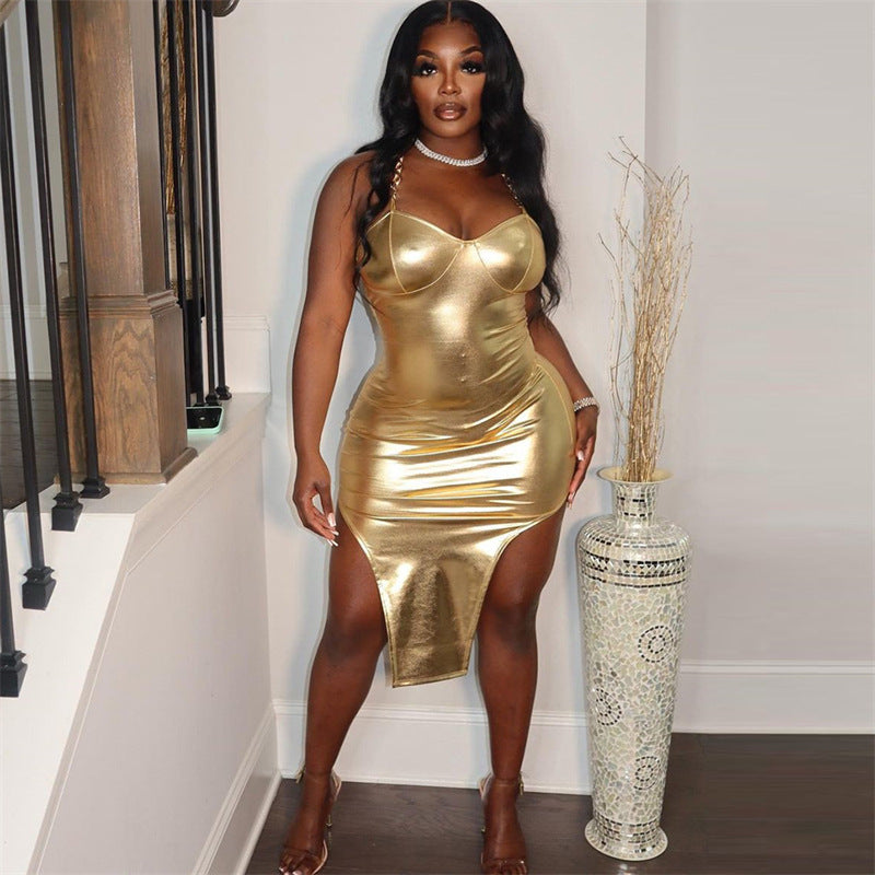Women Clothing Autumn Bronzing Color Tube Top Sexy Waist Tight Hip Bag Irregular Asymmetric Spaghetti Strap Dress Women by Wanita Store