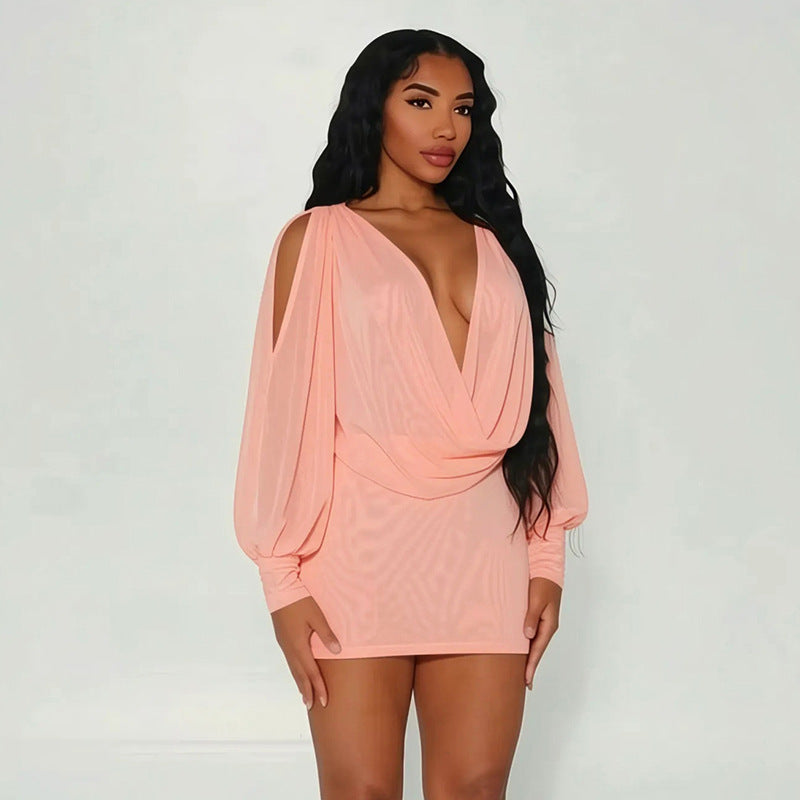 Women Clothing Summer Solid Color Casual Long Sleeves Draped Collar Backless Slim Fit Lace up Short Dress by Ragazza