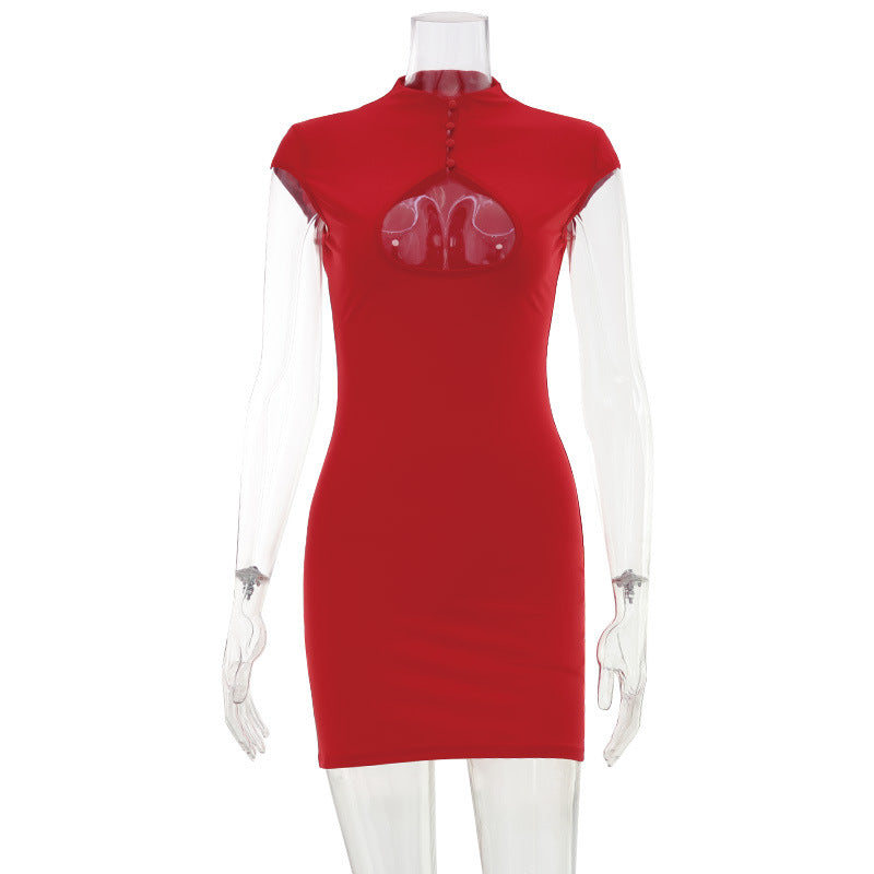 Women Summer Solid Color Chest Hollow Out Cutout Design Sexy Dress Hip Dress by Ragazza
