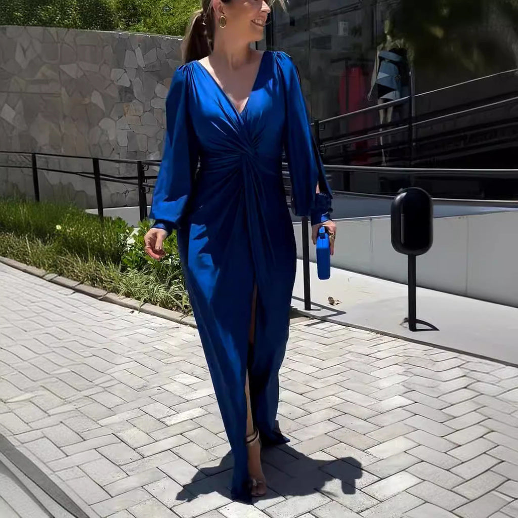 Summer Collar Solid Color Long Sleeve Slim Fit Slit Noble Dress by Ragazza