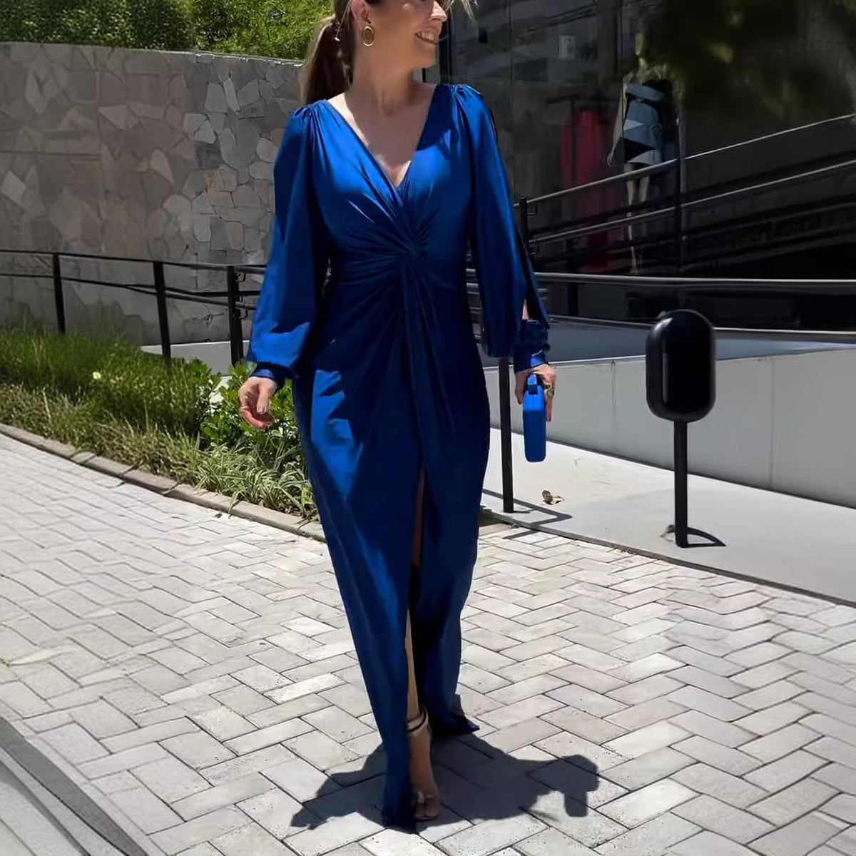 Summer Collar Solid Color Long Sleeve Slim Fit Slit Noble Dress by Ragazza
