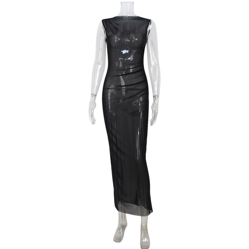 Elegant Women Clothing Mesh See through Sleeveless Slim Fit Sexy Dress Overskirt Long Blouse for Women by Ragazza