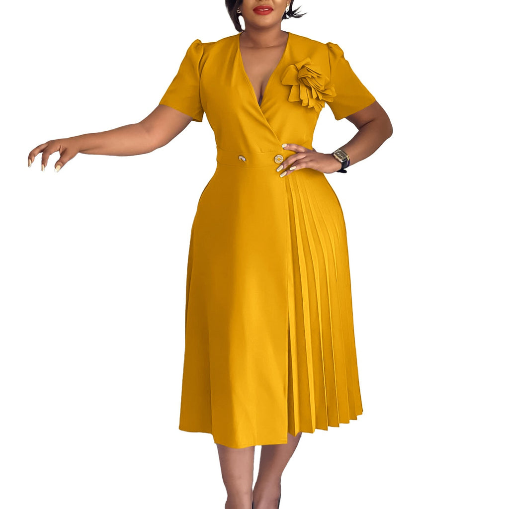 Women Clothing Summer V neck Short Sleeve Solid Color Three Dimensional Floral Pleated African Dress by Ragazza