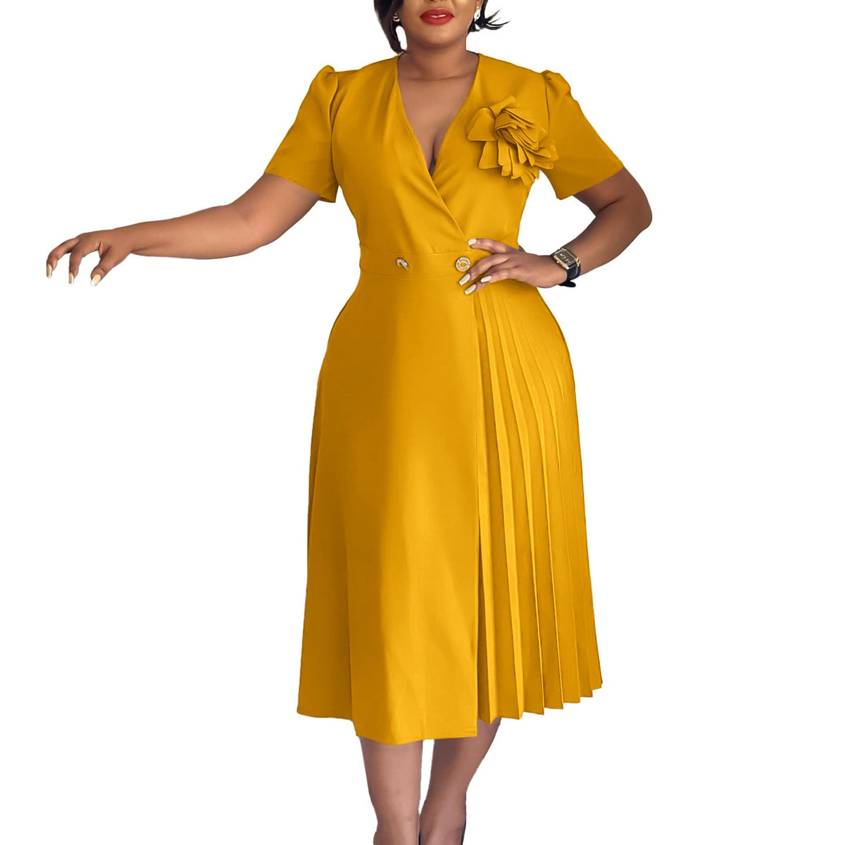 Women Clothing Summer V neck Short Sleeve Solid Color Three Dimensional Floral Pleated African Dress by Ragazza