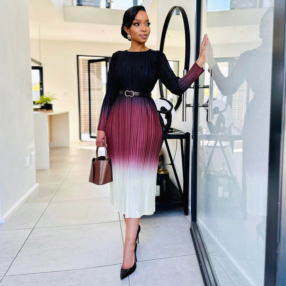 Women Clothing Gradient Positioning Printing Long Sleeve Pleated Dress by Ragazza