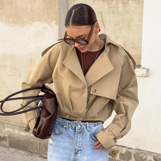 Autumn Khaki Double Breasted Collar Trench Coat Coat Casual Jacket for Women by Wanita Store