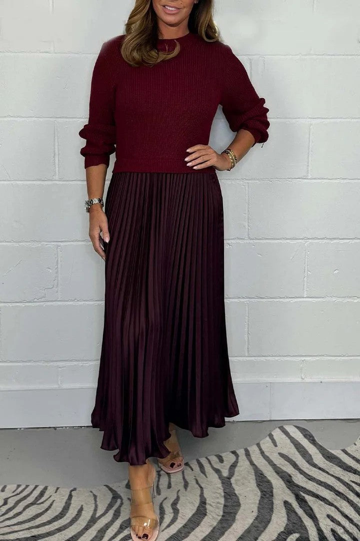New Autumn Winter Women round Neck Top Sunken Stripe Pleated Dress by Ragazza