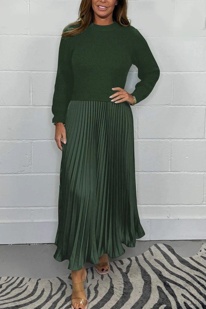 New Autumn Winter Women round Neck Top Sunken Stripe Pleated Dress by Ragazza