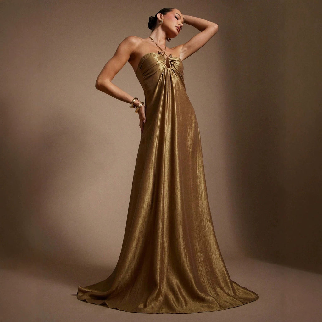 Summer Halter Sleeveless Backless Slim Fit Figure Flattering Waist Solid Color Maxi Dress by Ragazza