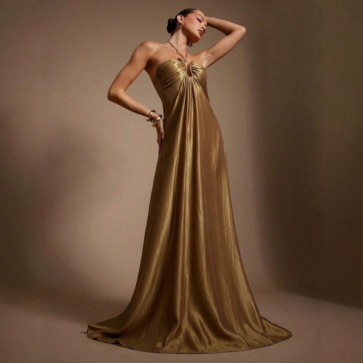 Summer Halter Sleeveless Backless Slim Fit Figure Flattering Waist Solid Color Maxi Dress by Ragazza