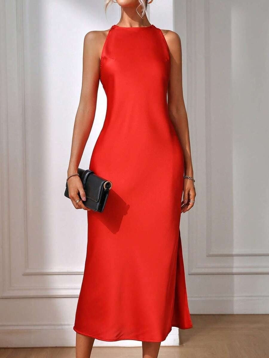 Satin Dress Women Clothing Spring Summer Sleeveless Split Satin Imitation Silk Maxi Dress by Ragazza