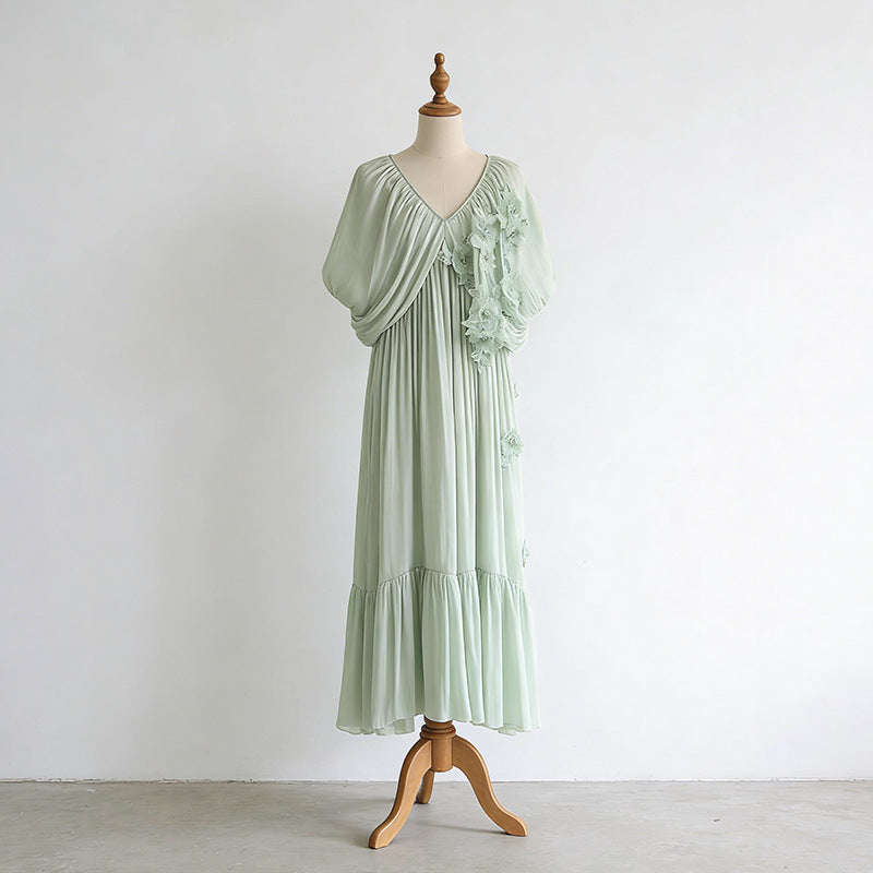 Romantic Vacation Maxi Dress Spring V neck Drop Shoulder Batwing Sleeve Stitching Three Dimensional Floral Dress by Ragazza