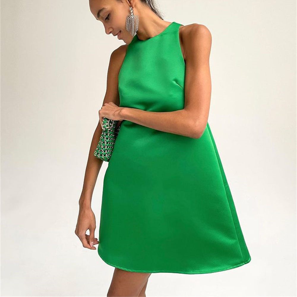 Spring Summer Satin Dress round Neck Sleeveless A line Sexy Party Dance Dress by Ragazza