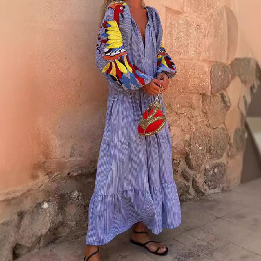 Autumn Long Sleeve Arrival V neck Lantern Sleeve Striped Printed Dress by Ragazza