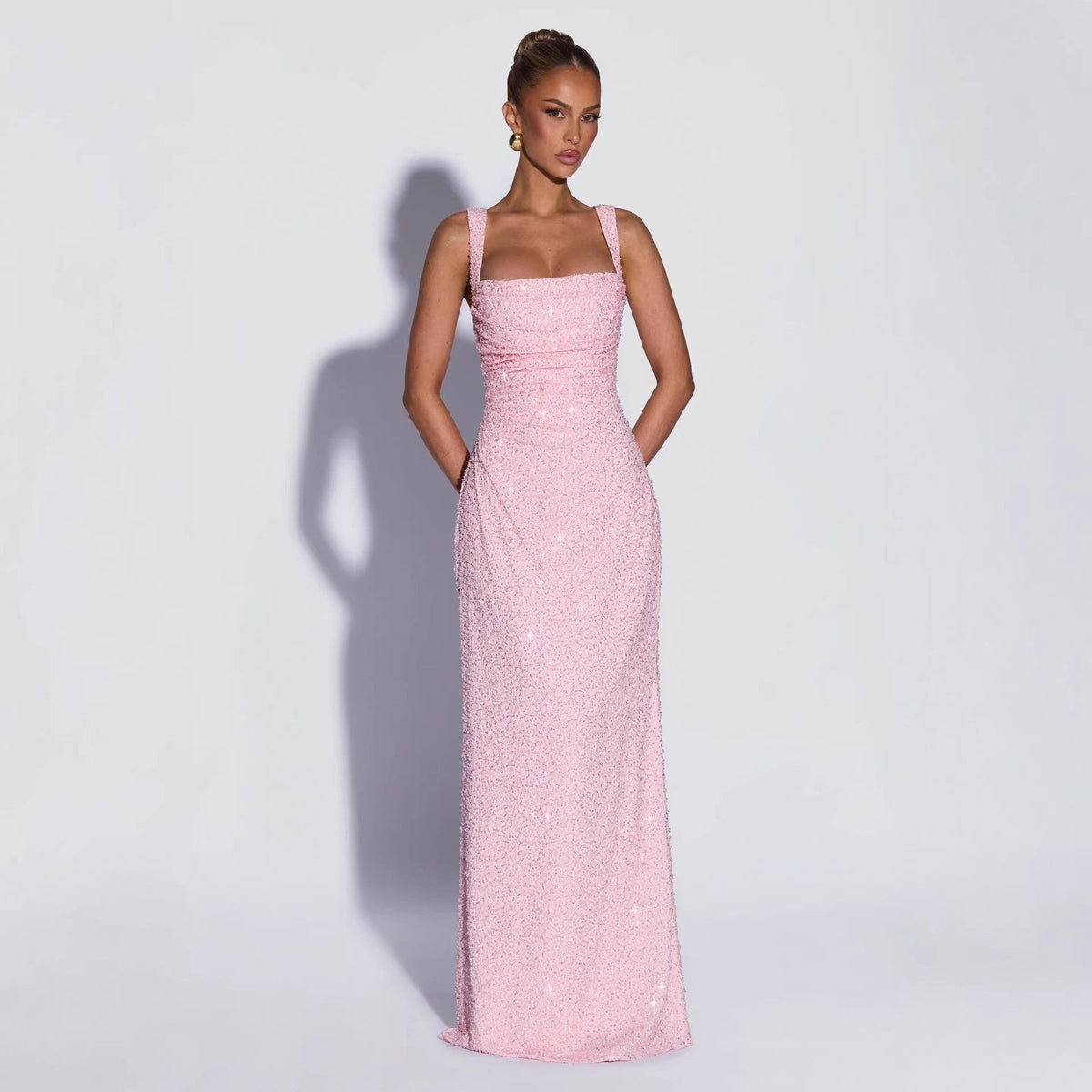 Personalized Sequined Solid Color Tube Top Dress Women Spring Sleeveless Suspenders Split Waist Fitted Maxi Dress by Ragazza