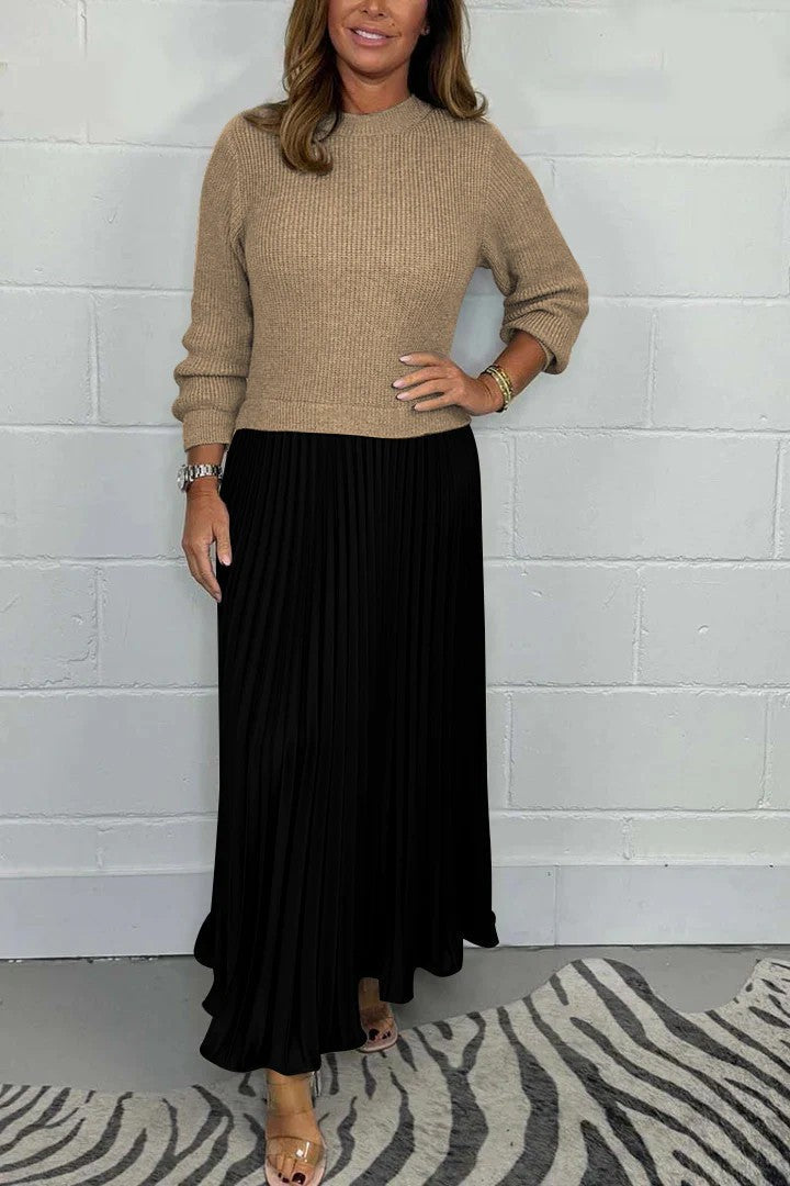 New Autumn Winter Women round Neck Top Sunken Stripe Pleated Dress by Ragazza