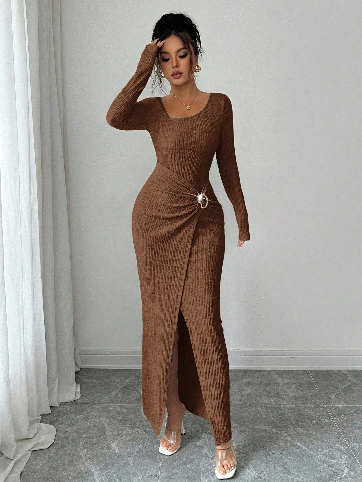 Autumn Winter Irregular Asymmetric Neckline Solid Color Knitted Texture Maxi Dress Women by Ragazza