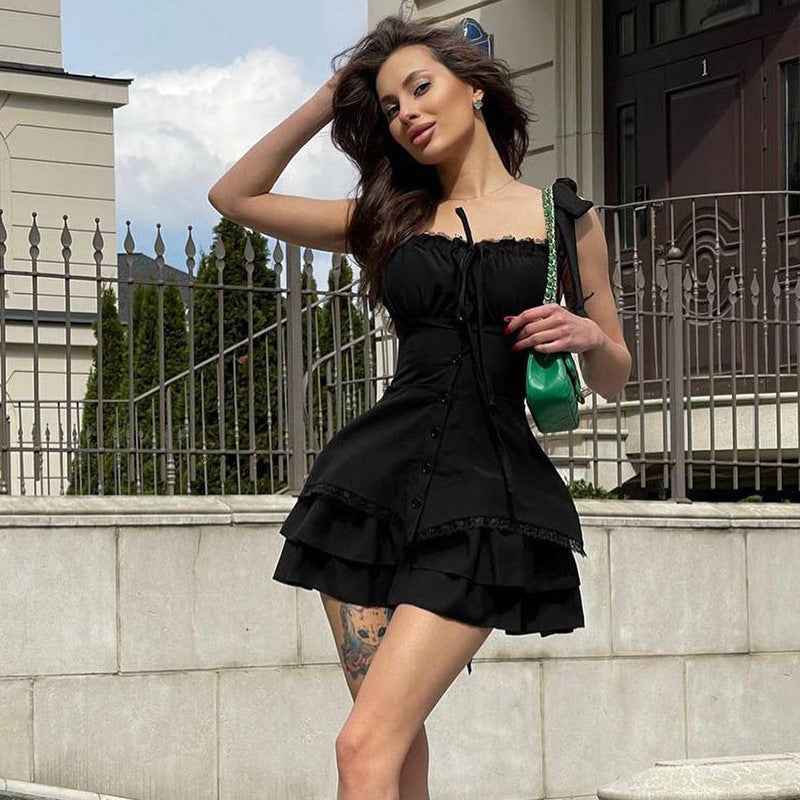 Pleated Waist Trimming Ruffles Dress Female Hot Dresses by Wshirt