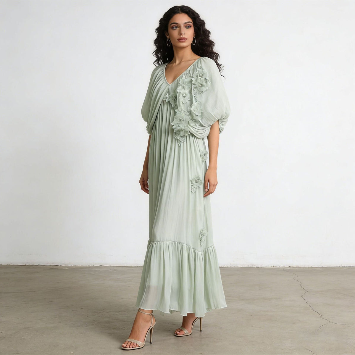 Romantic Vacation Maxi Dress Spring V neck Drop Shoulder Batwing Sleeve Stitching Three Dimensional Floral Dress by Ragazza