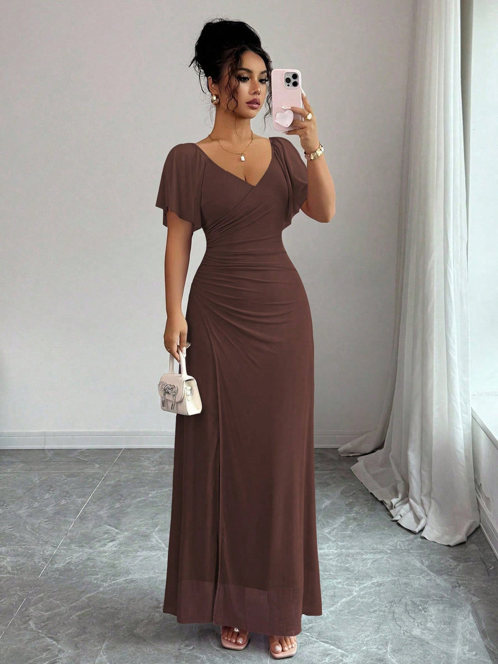 Women Elastic Net V Neck Patchwork Flying Sleeves Slit Evening Dress by Ragazza