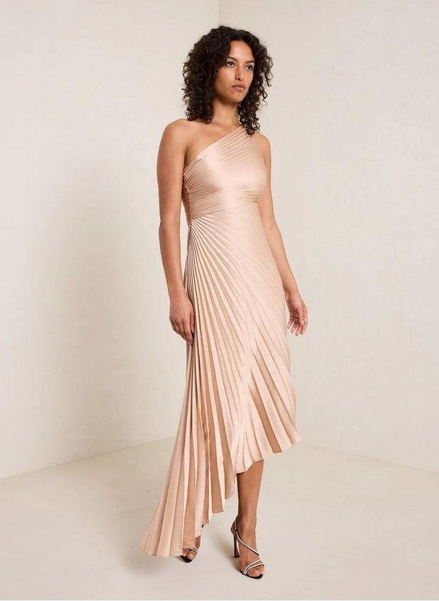 Women Clothing One Shoulder Sun Pleated Satin Dress by Ragazza