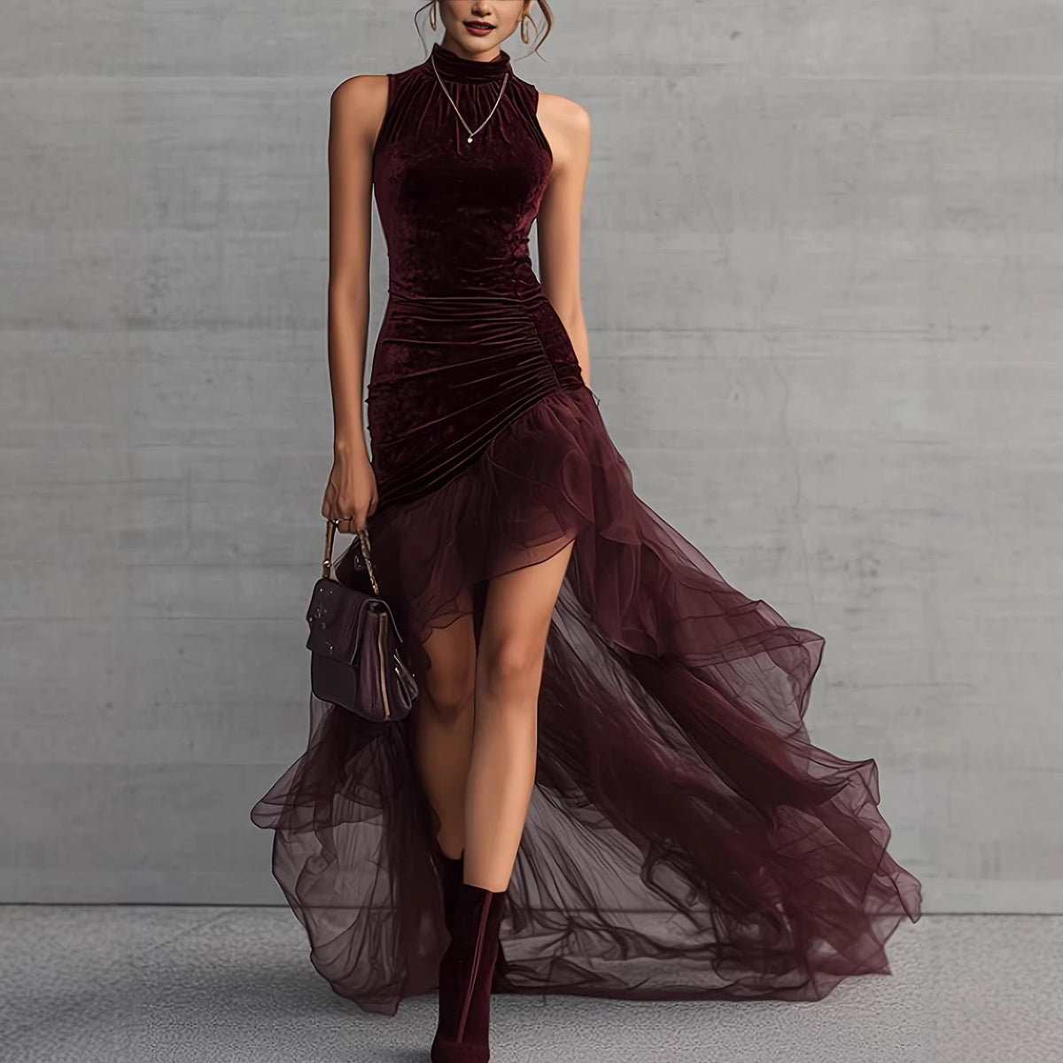 Velvet Turtleneck Sleeveless Evening Dress Pleated Slim Irregular Asymmetric Hem Tulle Trailing Dress by Ragazza