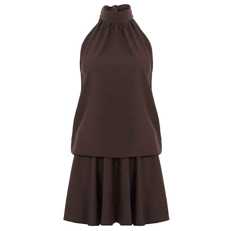 Retro Solid Color Elegant Stitching Pleated Backless Lace up Sexy Halter Dress by Ragazza