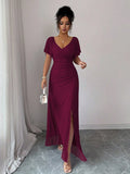 Women Elastic Net V Neck Patchwork Flying Sleeves Slit Evening Dress by Ragazza