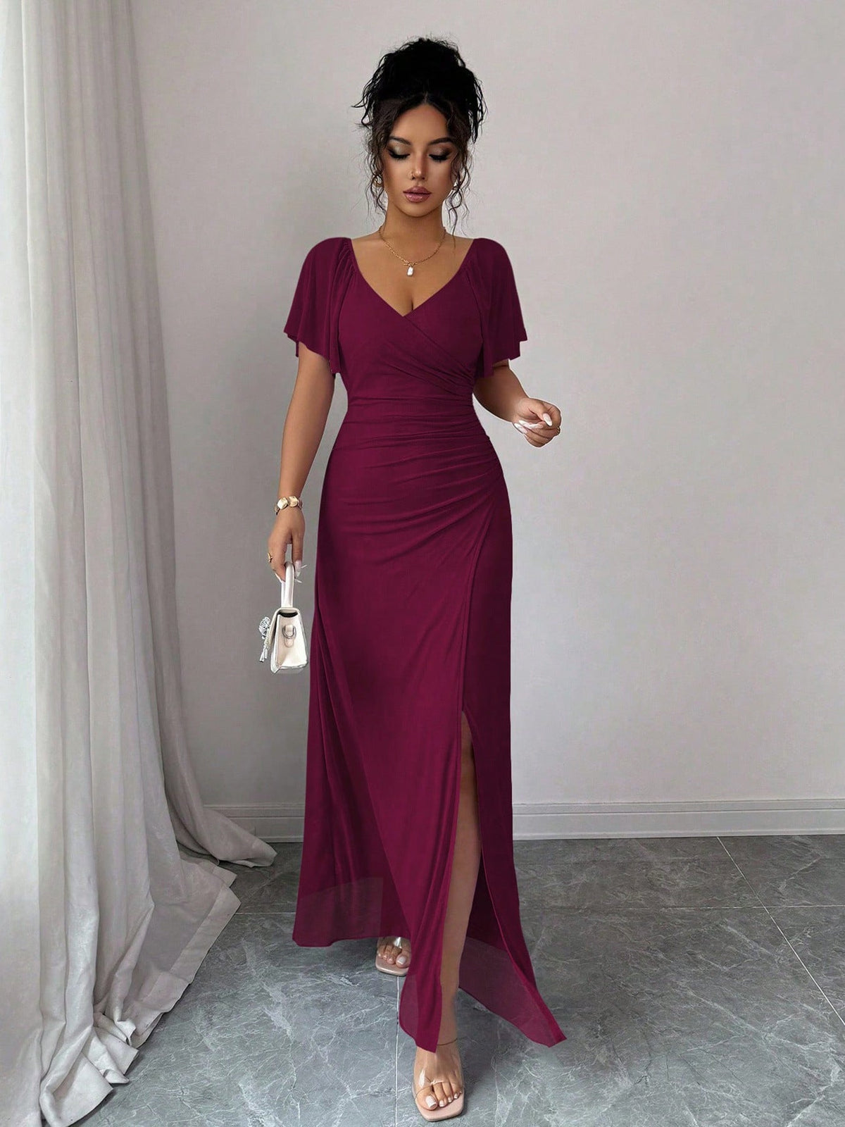 Women Elastic Net V Neck Patchwork Flying Sleeves Slit Evening Dress by Ragazza