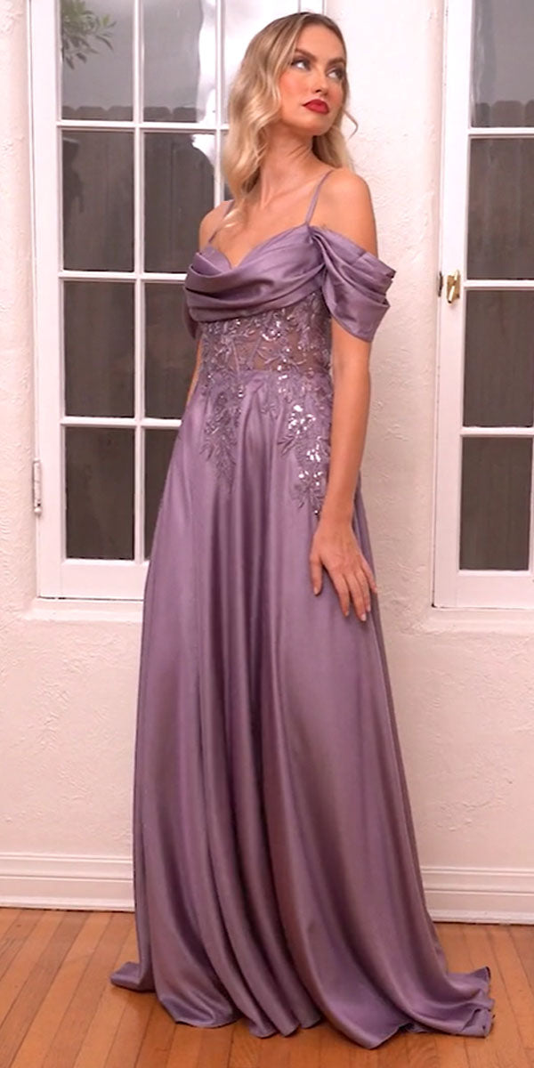 Cinderella Divine OC012 Long Satin Off the Shoulder Gown by DiscountDressShop
