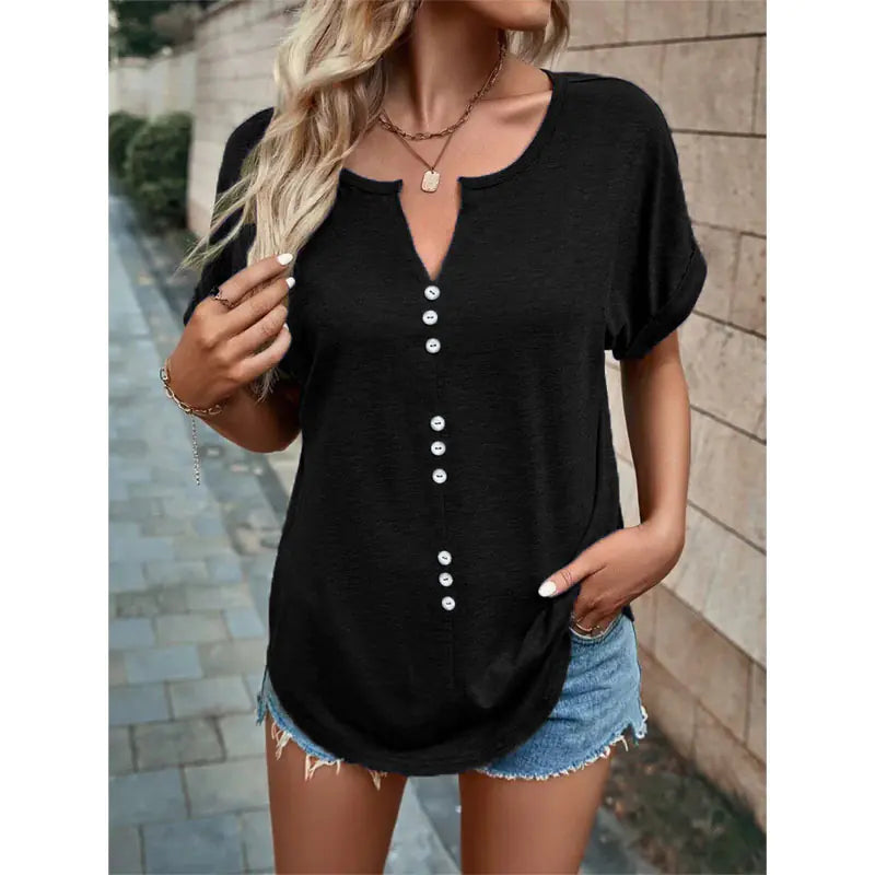 Summer V-neck Short Sleeve Button Design Blouse by Trendy Attic Store01