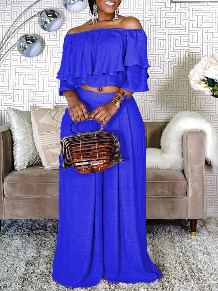 Plus Size 2 Piece Off Shoulder Crop Top & Wide Leg Pants by Trendy Attic Store01