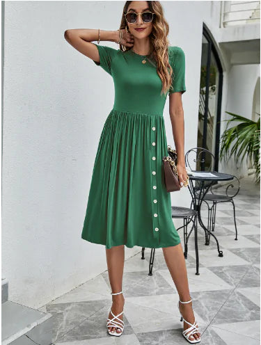 Solid Color Button Pocket Casual Women's Dress by Trendy Attic Store01