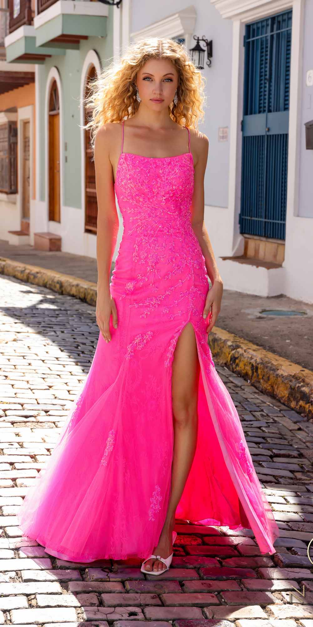 Nox Anabel P1401 Long Fitted Square Neck Tulle Skirt Slit Dress by DiscountDressShop