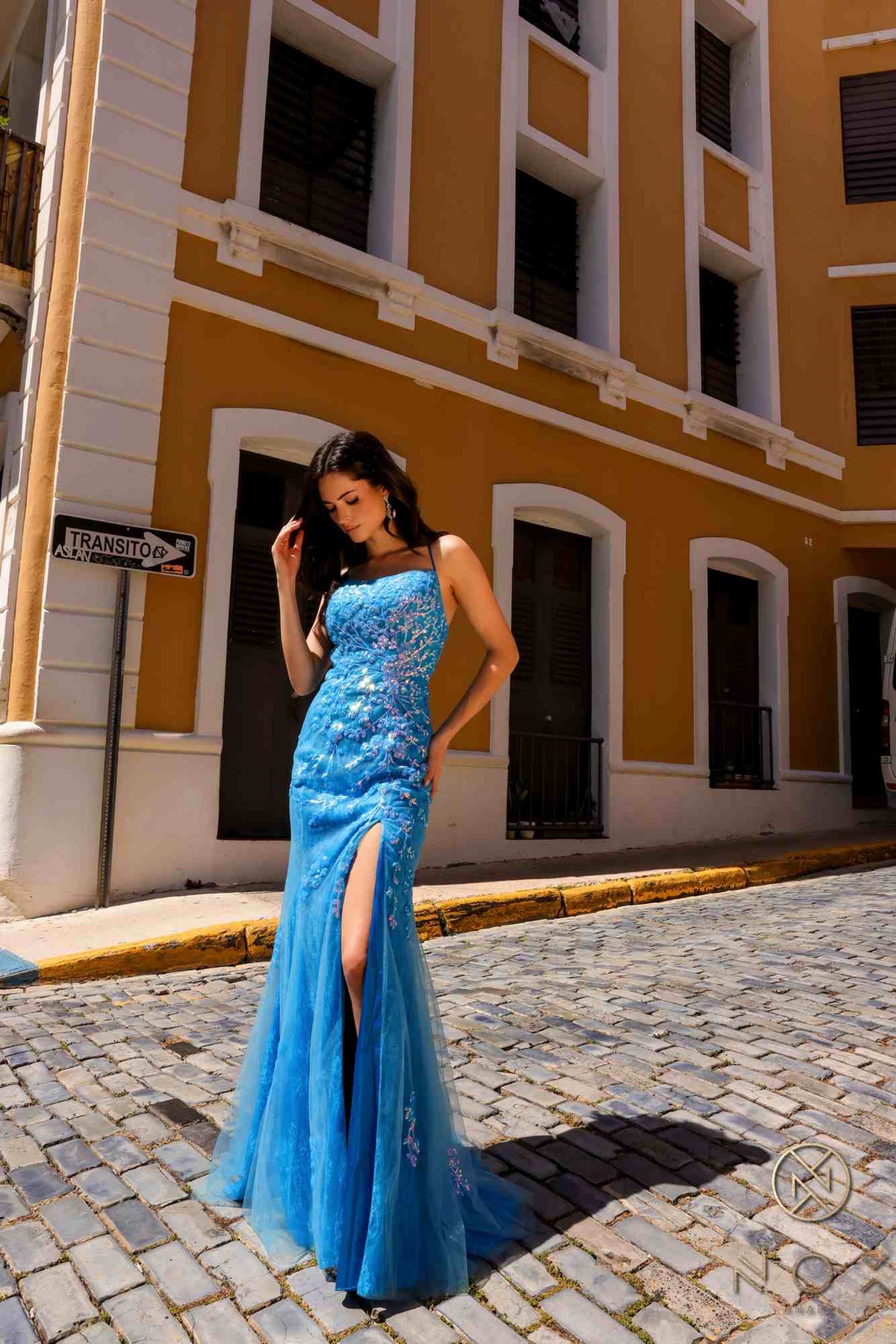 Nox Anabel P1401 Long Fitted Square Neck Tulle Skirt Slit Dress by DiscountDressShop