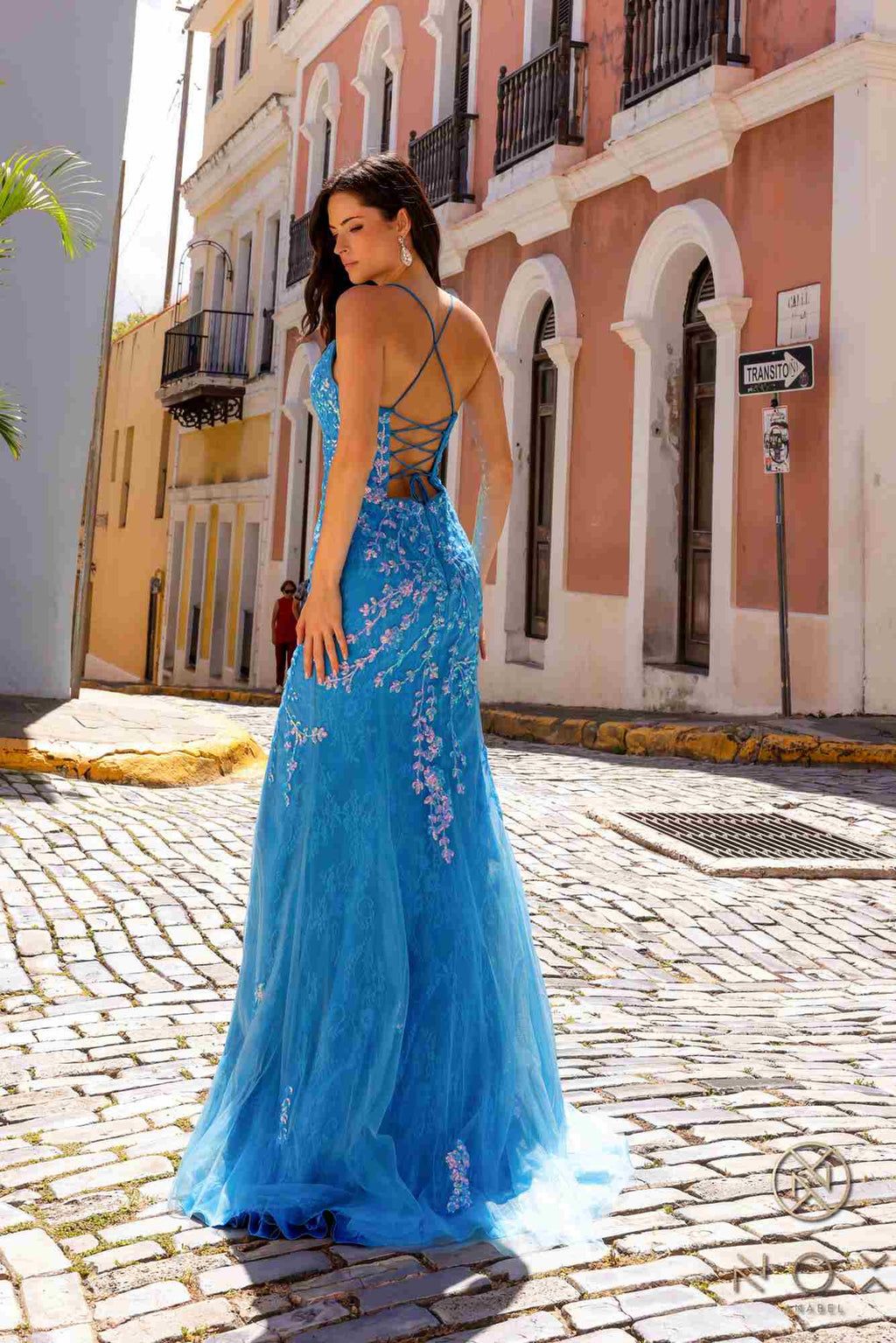 Nox Anabel P1401 Long Fitted Square Neck Tulle Skirt Slit Dress by DiscountDressShop