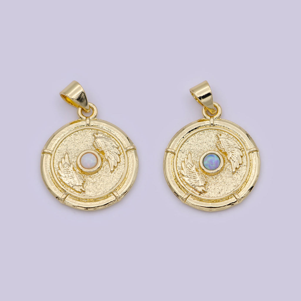 14K Gold Filled White, Blue Opal Angel Wing Round Pendant | H557 H560 by DLUXCA