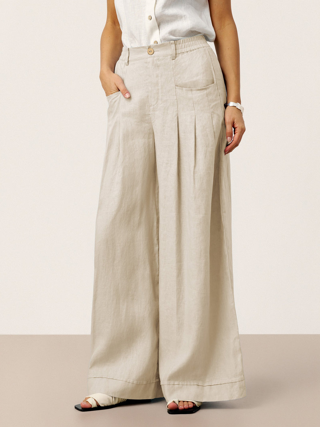 100% Linen Sculpted Pleat Elasticated Back Relaxed Pants VERIDIANA by LINTICO