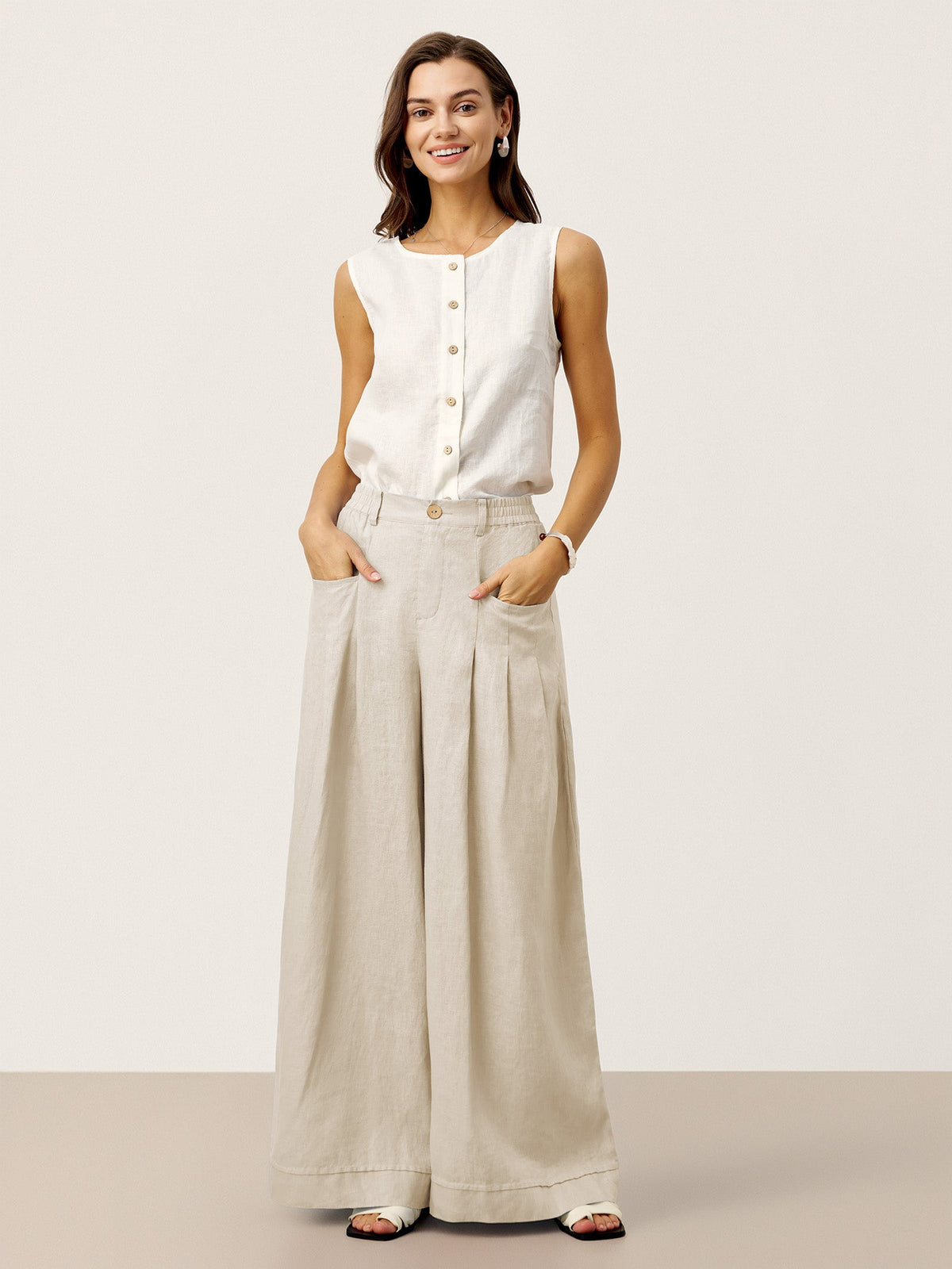 100% Linen Sculpted Pleat Elasticated Back Relaxed Pants VERIDIANA by LINTICO