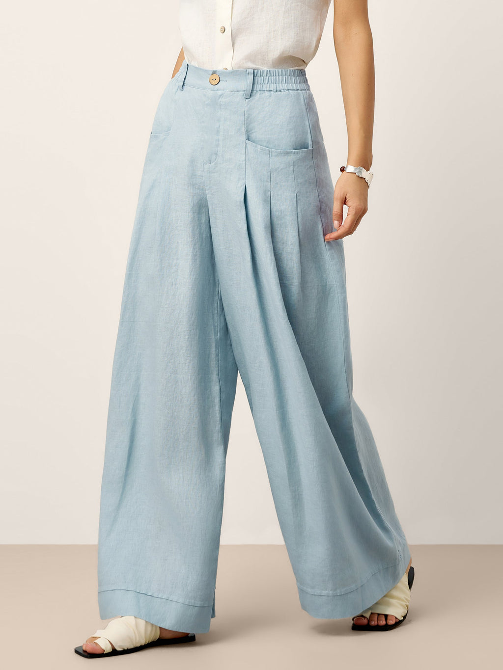 100% Linen Sculpted Pleat Elasticated Back Relaxed Pants VERIDIANA by LINTICO