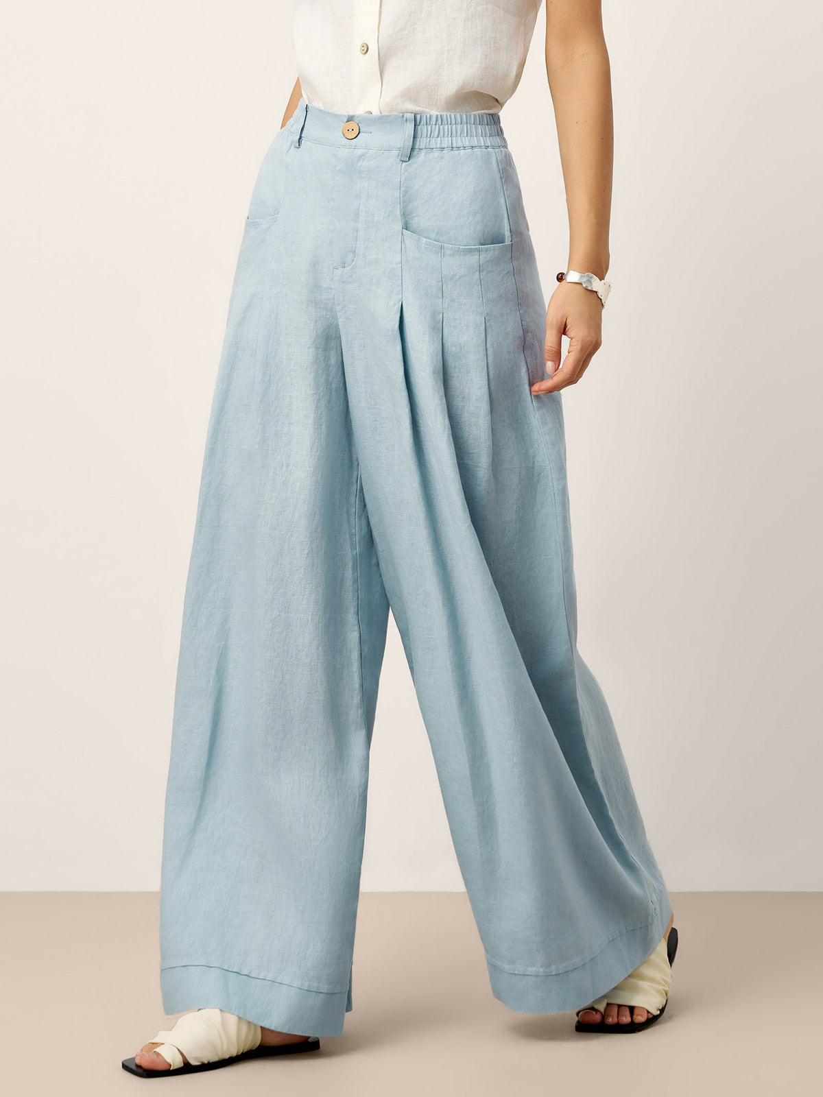 100% Linen Sculpted Pleat Elasticated Back Relaxed Pants VERIDIANA by LINTICO