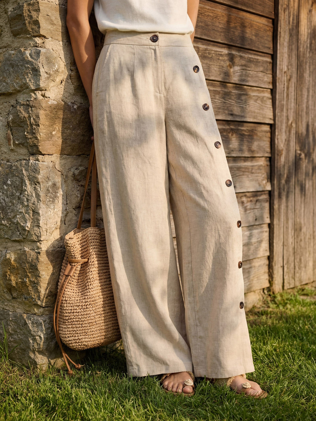 100% Linen Buttoned Slit-Hem Pants KATYA by LINTICO