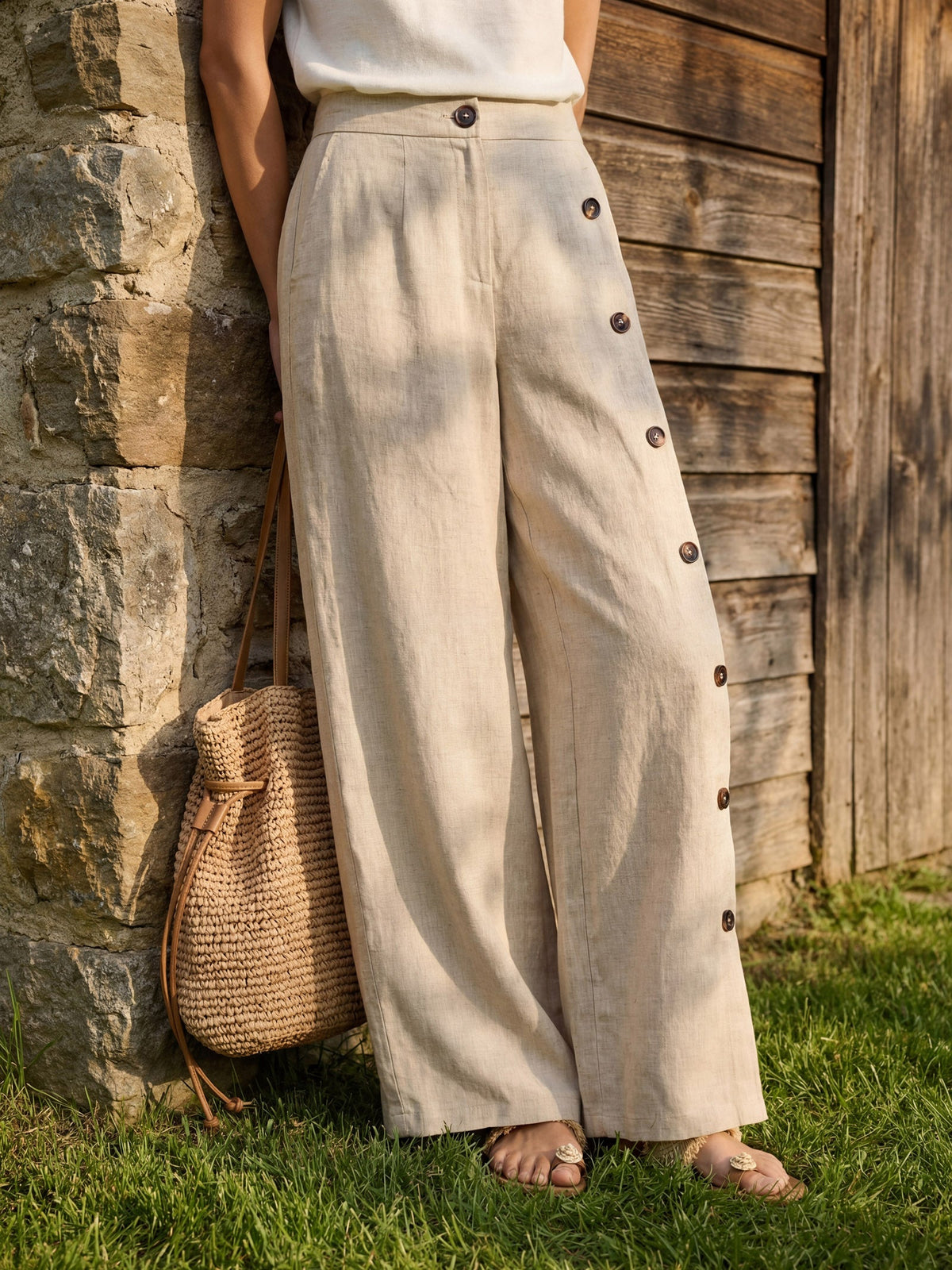 100% Linen Buttoned Slit-Hem Pants KATYA by LINTICO