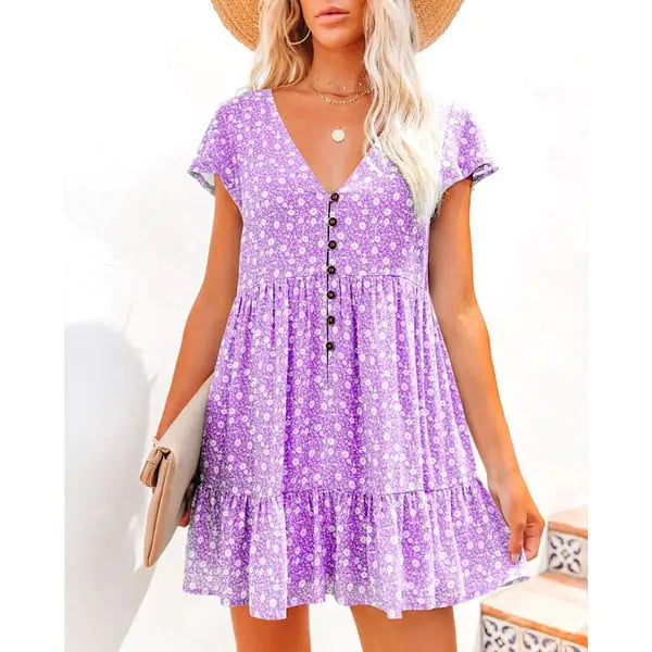 V-Neck Button Floral Short Sleeve Casual Dress by Trendy Attic Store01