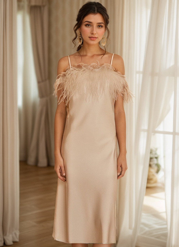 Luxury Ostrich Feather Silky Satin Long Nightgown by SelenaHuanStudio